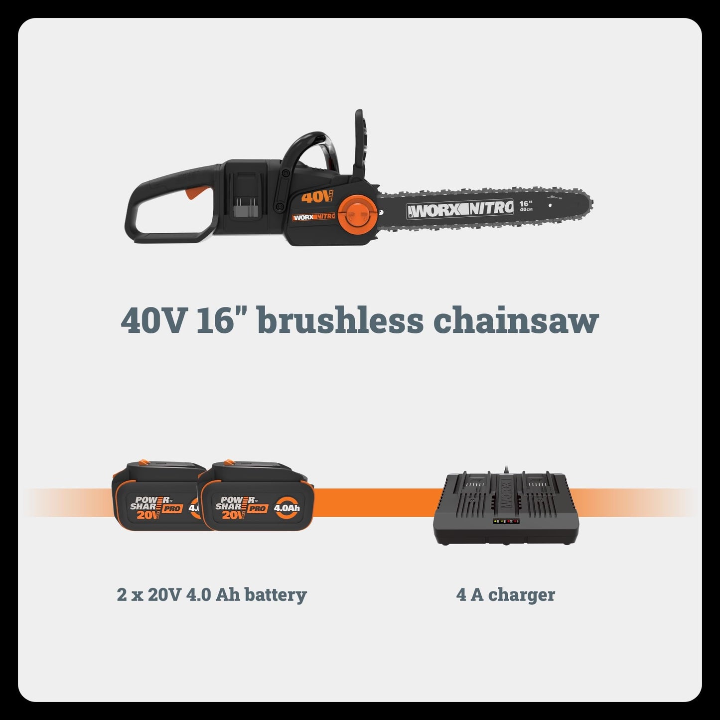 Worx Nitro 40V 16" chainsaw, brushless, battery & charger included