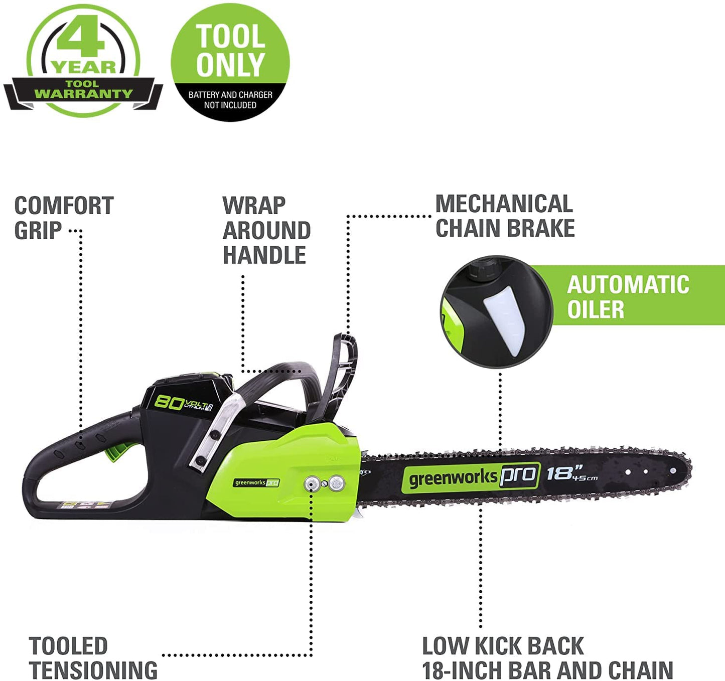 Greenworks 80V 18" cordless chainsaw, brushless, heavy-duty cutting, tool only