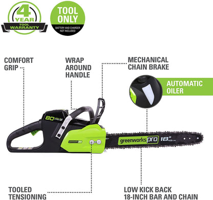 Greenworks 80V 18" cordless chainsaw, brushless, heavy-duty cutting, tool only