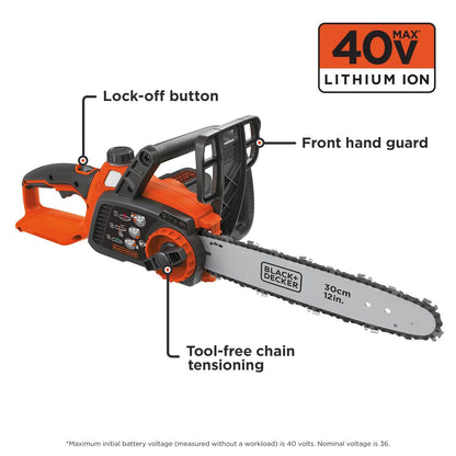 BLACK+DECKER 40V 12" cordless chainsaw, lightweight, battery included