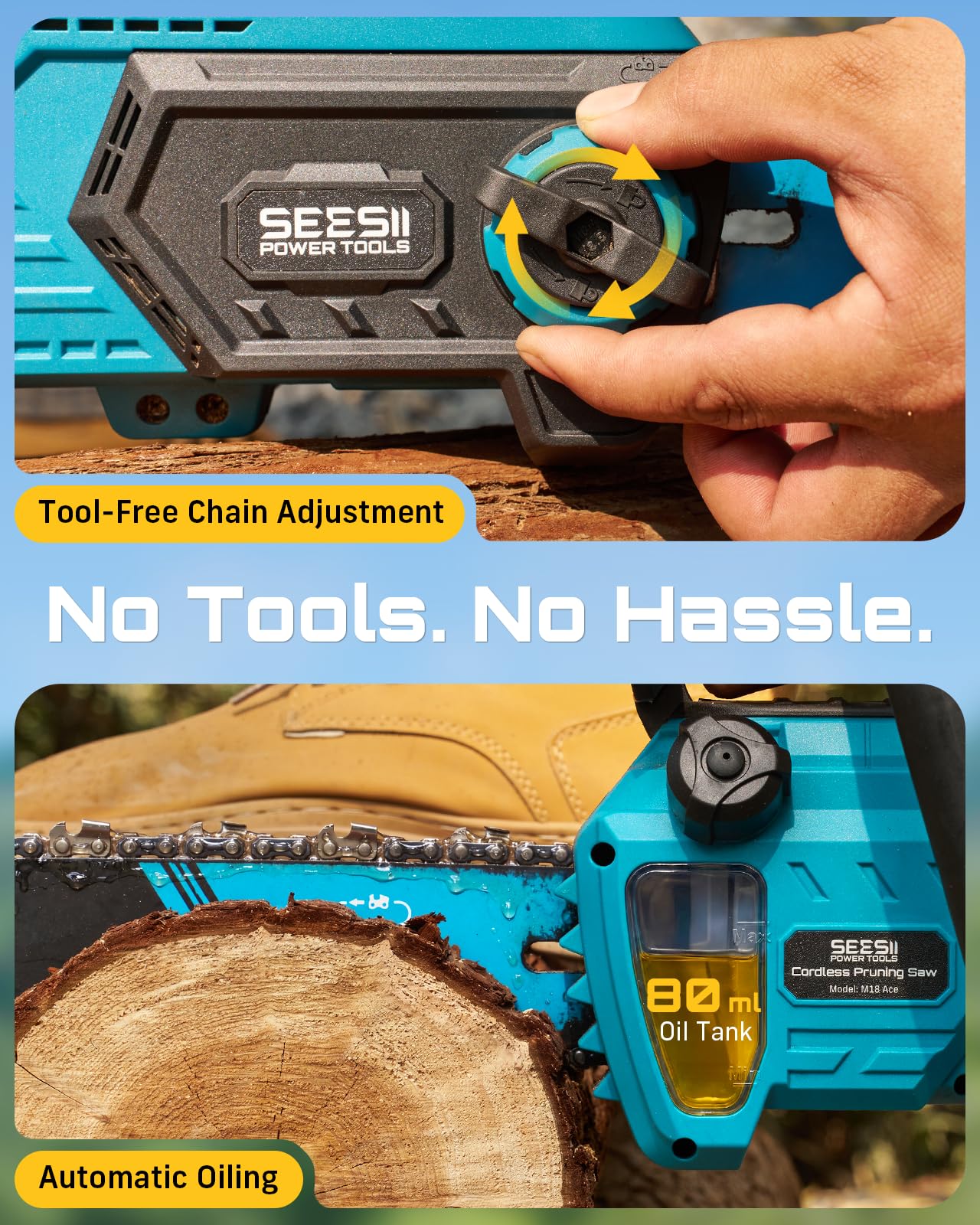 SEESII 40V 18" chainsaw, 2200W brushless, 2 batteries, fast charger