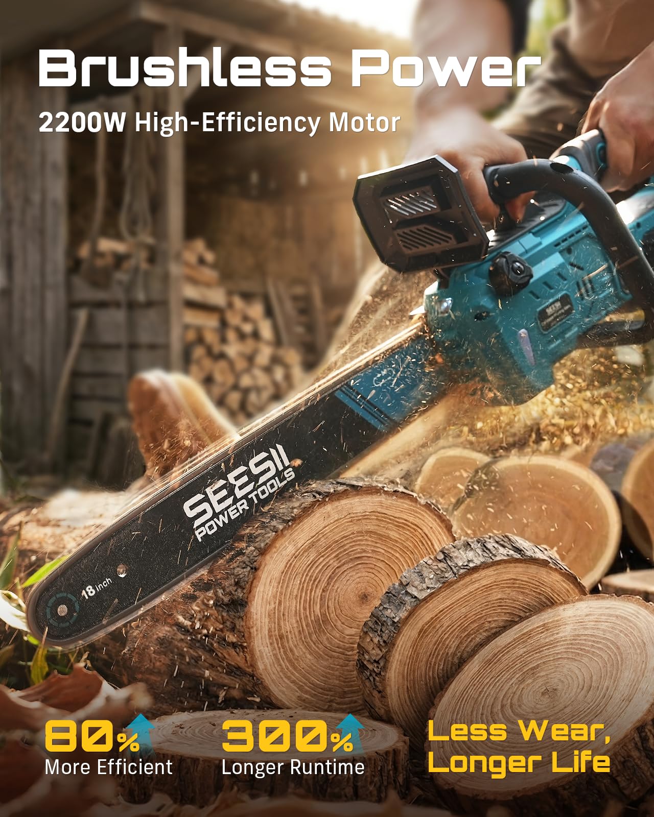 SEESII 40V 18" chainsaw, 2200W brushless, 2 batteries, fast charger