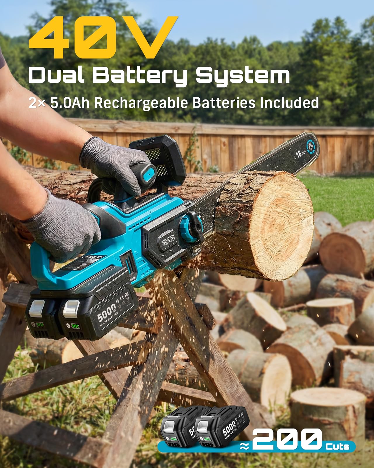 SEESII 40V 18" chainsaw, 2200W brushless, 2 batteries, fast charger