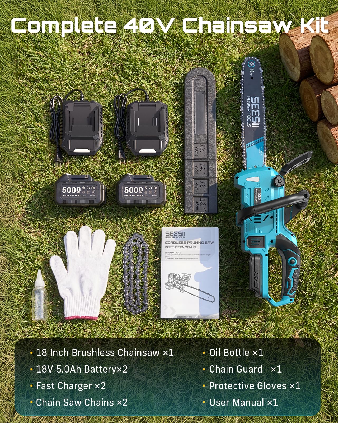 SEESII 40V 18" chainsaw, 2200W brushless, 2 batteries, fast charger