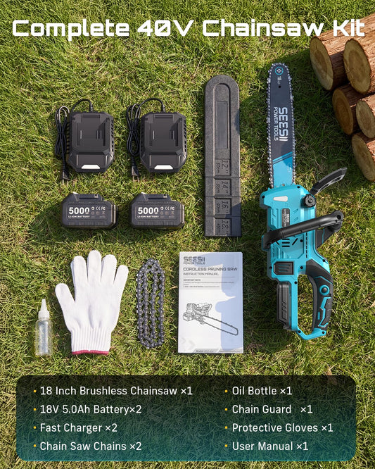 SEESII 40V 18" chainsaw, 2200W brushless, 2 batteries, fast charger